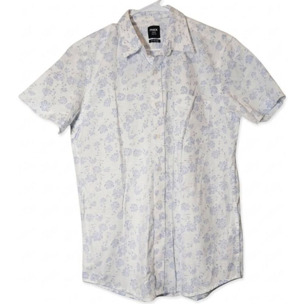 Max mens medium linen cotton blue white shirt casual button down shortsleeve
